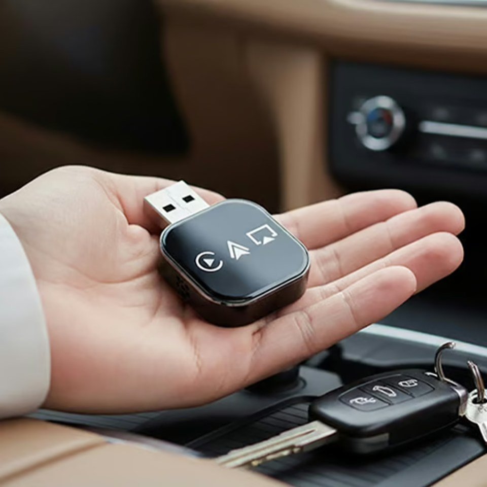 TopCarPlay wireless adapter with its USB connector visible